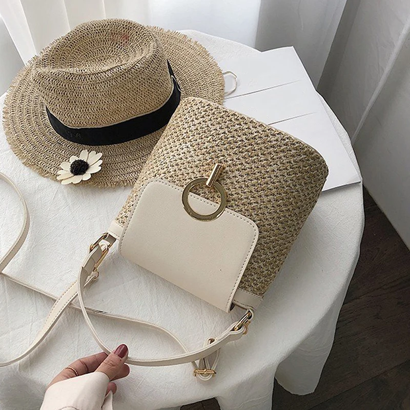 1PC New Women Ladies Handbag Beach Bag Straw Woven Bag Shoulder Bags Straw Knitted Purses Handbags Shoulder Bag