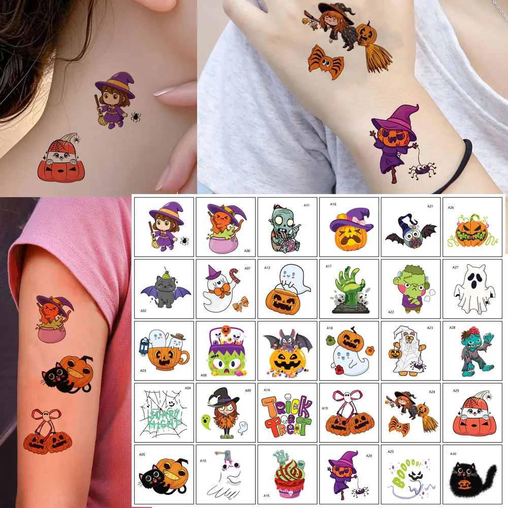 30pcs Waterproof Pumpkin Tattoo Stickers Bat Ghost Temporary Tattoos for Halloween Fake Tattoo Suitable for Hand Face Body Art