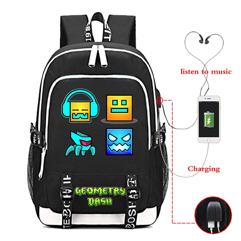 

Рюкзаки с принтом Angry Geometry Dash, школьный рюкзак с мультяшной игрой для мальчиков-подростков, водонепроницаемая сумка для книг с зарядкой через USB, Mochlia