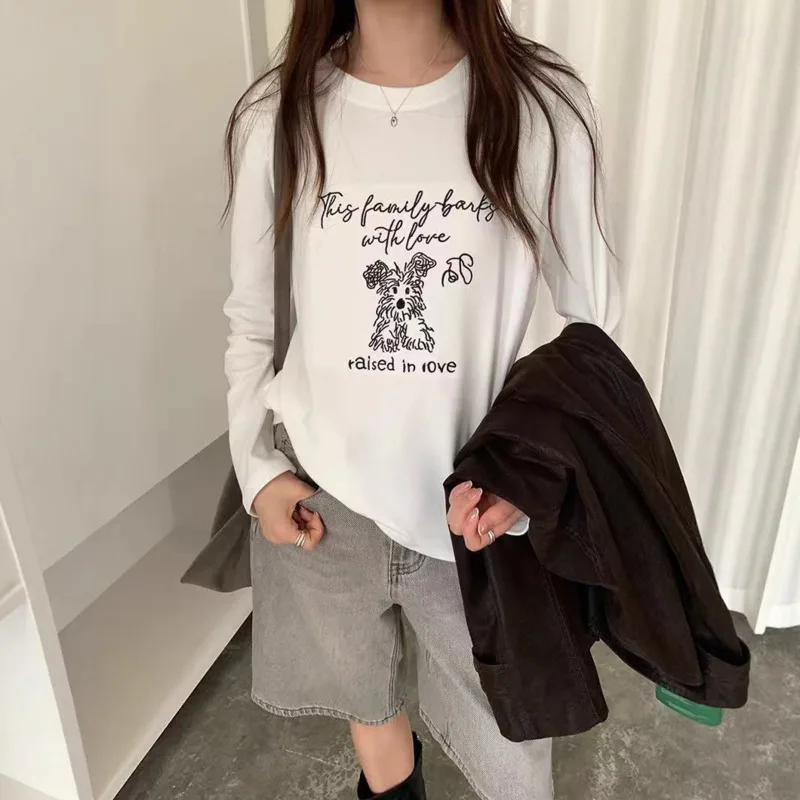

Autumn Letter Cartoon Embroidery Brushed T-Shirt Women Korean Round Neck Long Sleeve Bottoming Tops