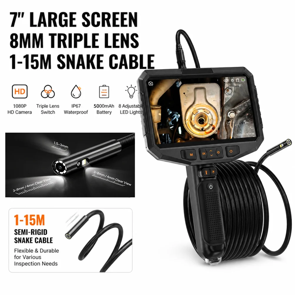 7 Inch Triple Lens Industrial Endoscope 8mm Borescope Camera, 3-Lens Inspection Camera for Engine Wall Pipeline