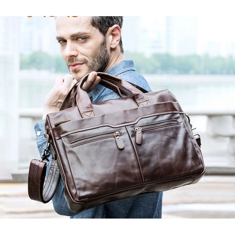 New Men Cow Leather Briefcase Men\'s Large Messenger Bag Vintage Document Shoulder Male Bag Office Handbag For Men Attache Case