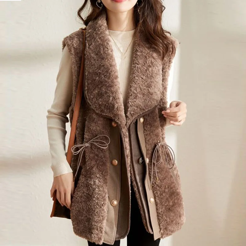 Winter Women Spliced Lamb Hair Vests Lace-up Fashion Elegant Vintage Slim Mid-Length Coat Office Lady Thicken Sleeveless Jacket