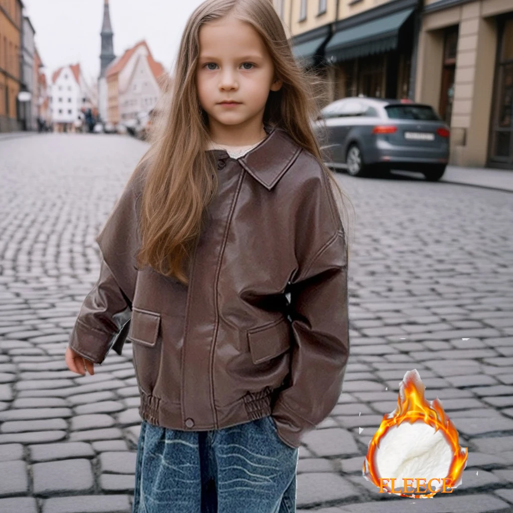 

Осенне-зимняя куртка из искусственной кожи для девочек на флисовой подкладке, толстое мотоциклетное пальто из искусственной кожи, модная детская байкерская верхняя одежда, топы для подростков, одежда