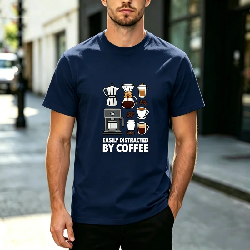 Funny Coffee Lover Graphic T Shirt Easily Distracted By Coffee Tee Men Women Casual Cotton Short Sleeve Top Streetwear