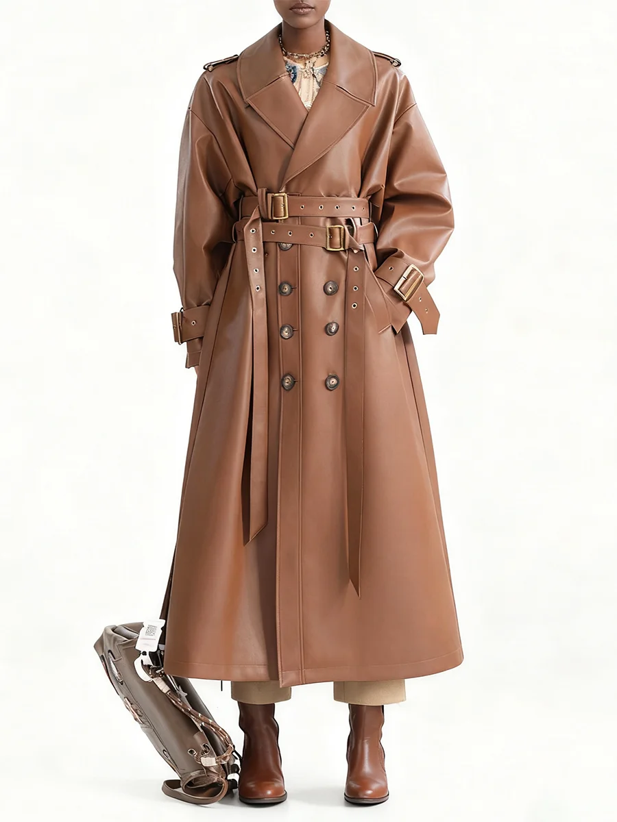 TWOTWINSTYLE Solid Spliced Belts Fashion Trenchs for Women Lapel Long Sleeves Patchwork Double Breasted Leather Trench Female