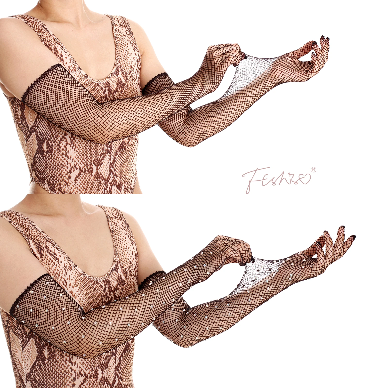 Ftshist Flash Diamond Mesh Long Gloves Sexy Stretch Full Fingers Gloves Black Fishnet Bling Long-Sleeve Stage Party Accessories