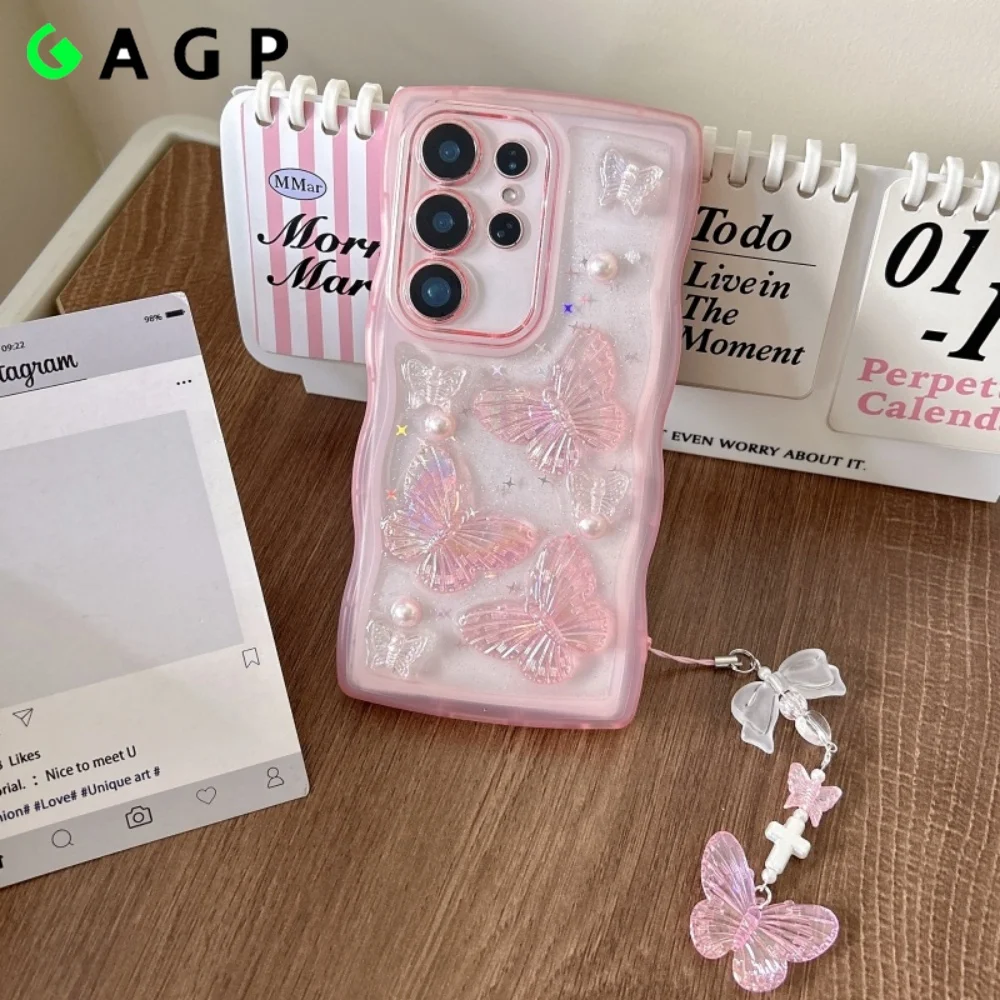 Cute 3D Pearl Butterfly Pendant Case For Samsung Galaxy S25 S24 Ultra S23 S21 FE S22 Plus A15 A13 A1