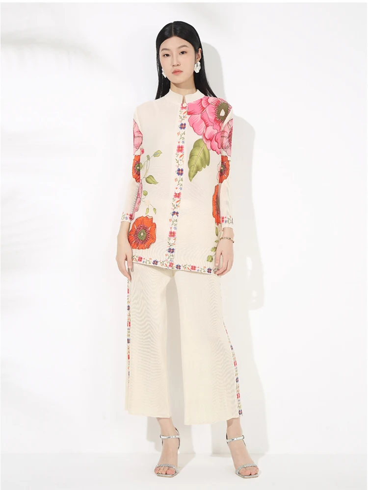 

High Quality Fold Printing Pants Outfit Spring Women Stand Collar Long Sleeve Top+High Waist Wide Leg Pants Autumn Two Piece Set