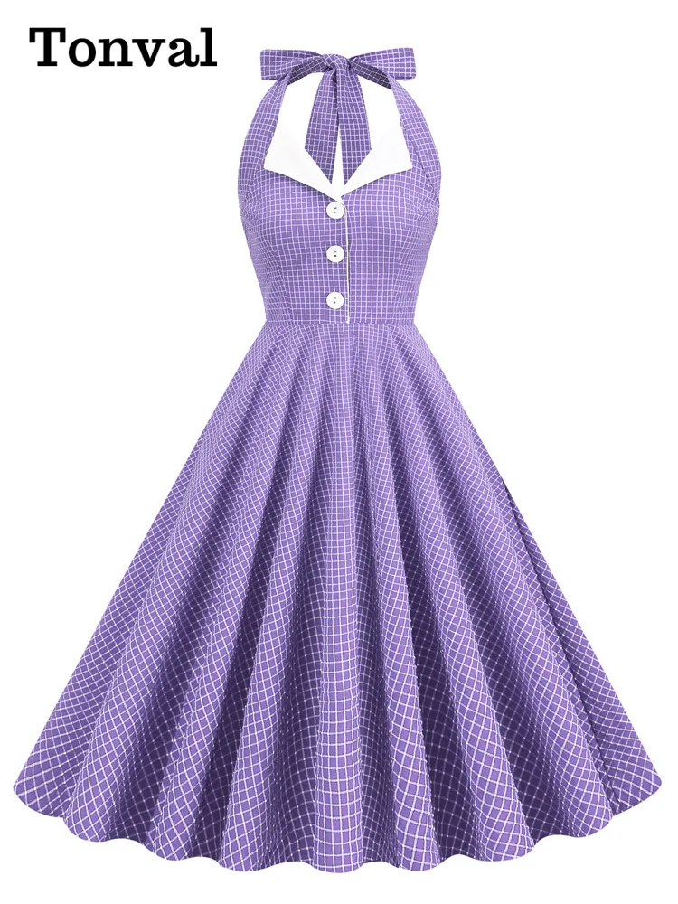 Tonval Button Up Plaid Vintage Fit and Flare Dress Summer Women Pinup Robe Halter Backless Evening Party Pockets Dresses