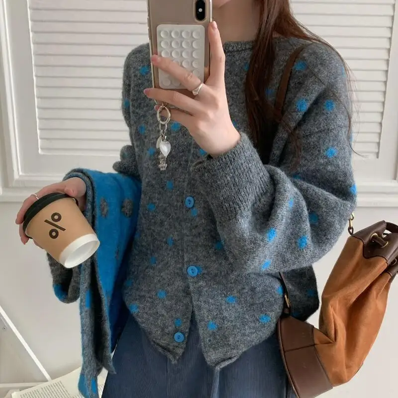 Koreanisches Polka-Dot-Strickset mit Pullover und Schal, Zweiteiliges Set, Strickjacke für Damen, Lässiger Weicher Baumwoll-Strickpullover, Grobstrick-Pullover