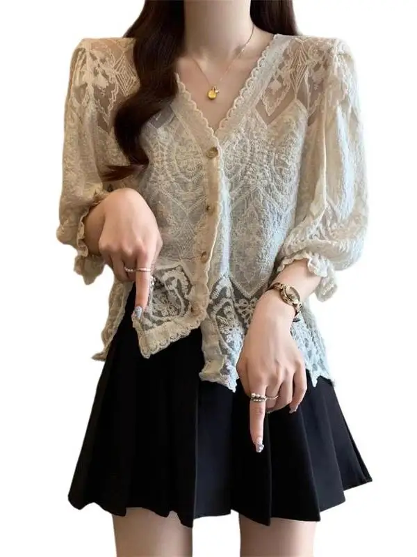 n الدانتيل والتطريز V-Ne الشيفون irt المرأة حجم كبير بلوزة الصيف الجميلة الكورية Sle فضفاضة تناسب ort Sve