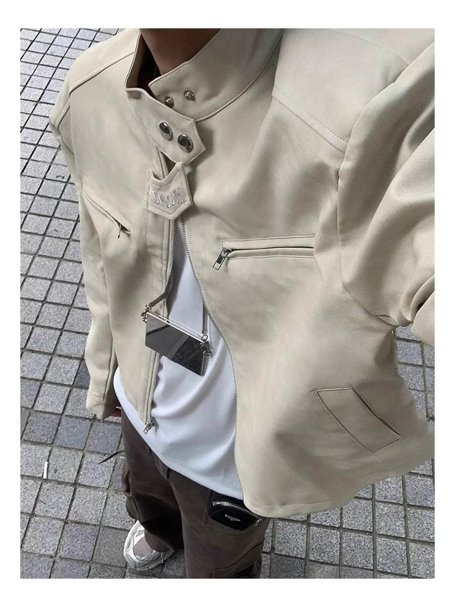 

American Retro Motorcycle oulder Padded Jaet ort Brown Men's Spring Autumn High Sensation Leather Jaet Trendy