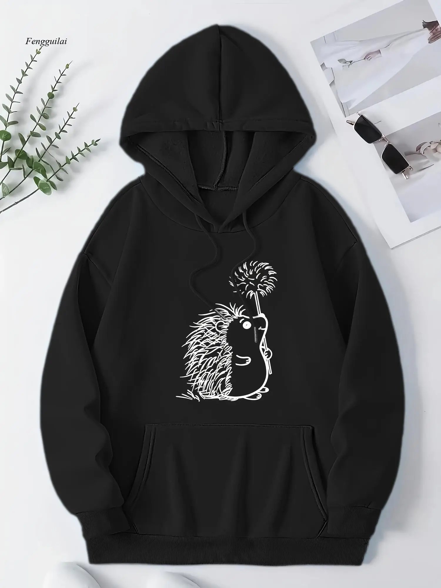 هوديي كاجوال من البوليستر مع طباعة قنفذ لطيفة - سويت شيرت بقلنسوة بأكمام طويلة مع جيوب، نمط حيوانات كرتونية #3