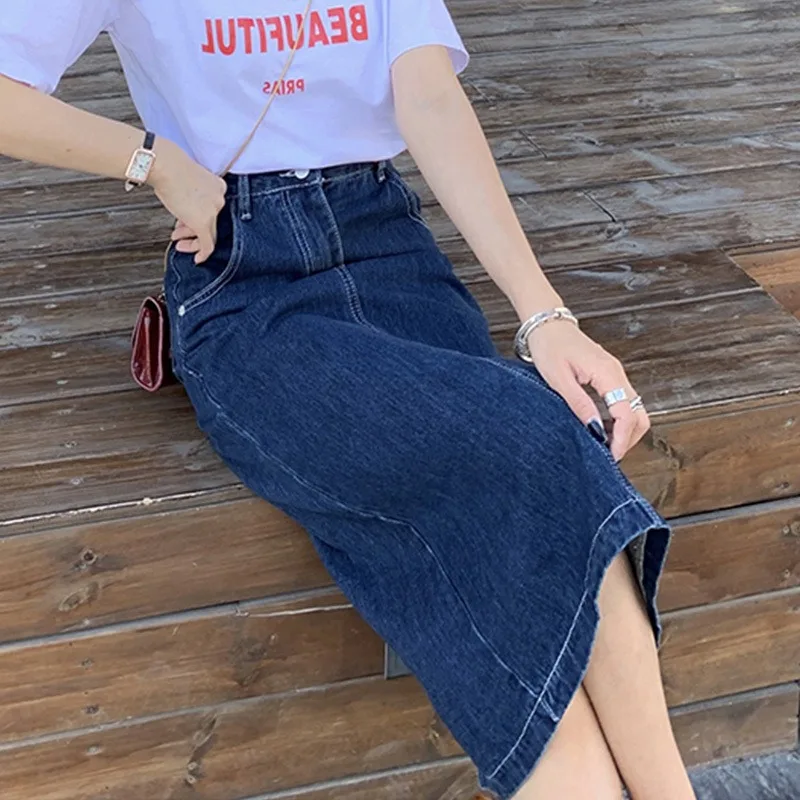 Saia jeans evasê de cintura alta retrô verão novo estilo plus size crimento médio saia bodycon dividida para mulheres jovens