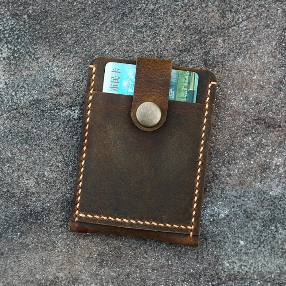 Handmade Crazy Horse Leather Card Holder Wallet for Men, Slim Front Pocket Credit Card Case with Multiple Slots
