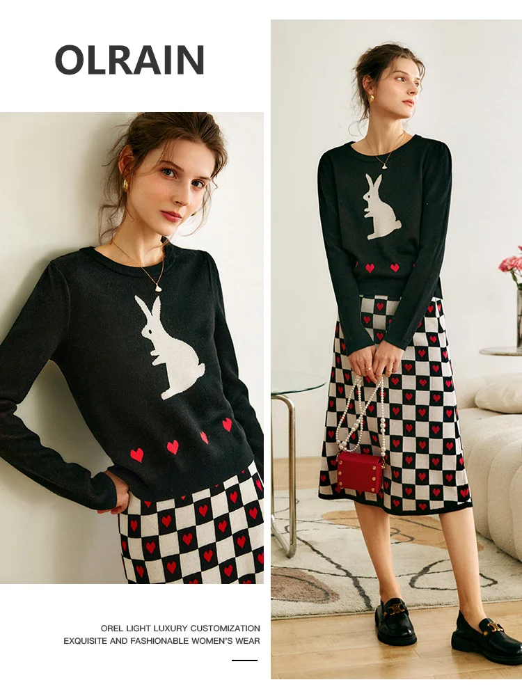 OLrain Checkerboard Print Skirt Women 2025 Spring Summer Cotton Knitted Jacquard High-waist Fashion Long Skirts O22CB00025