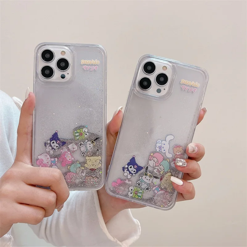 Sanrio Melody Pochacco Liquid Quicksand Bling Sequins Case For iPhone 15 14 13 12 11 Pro Max Kuromi Cinnamoroll Shockproof Cover