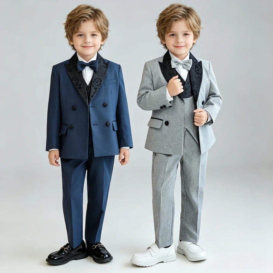 

Kids Boys Double Breasted Suit with Lace Floral Lapel Vest Shirt Bow Tie Pants Formal Wedding Birthday Stage Performance Outfit