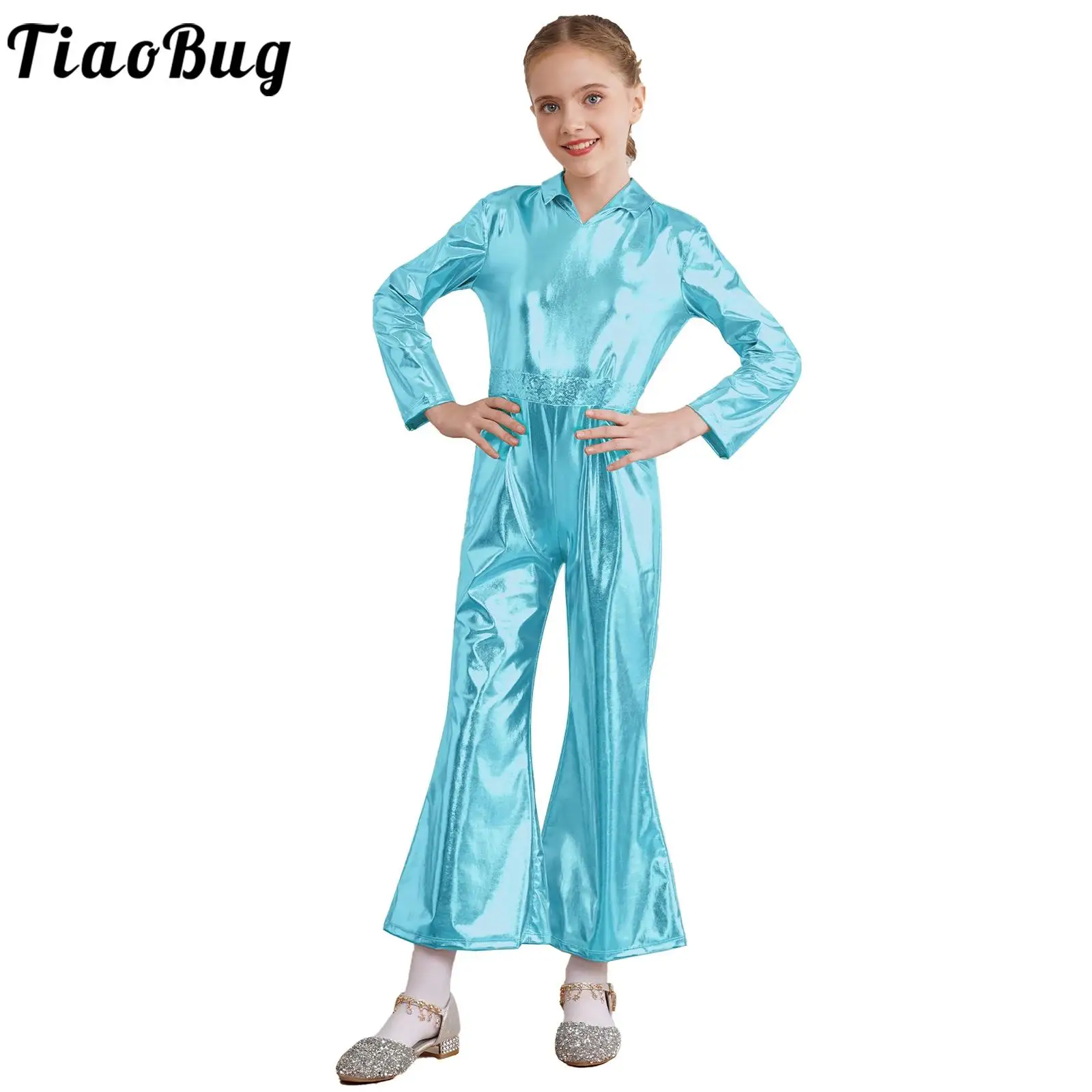 

Unisex Kids Boys Girls Metallic Shiny Long Sleeve Bell-Bottomed Leotard Disco Dance Jumpsuit for Fancy Dress Ball Dancing Party