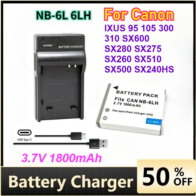 

3.7V 1800mAh NB-6L 6LH Battery Charger for Canon IXUS 95 105 300 310 SX600 SX280 SX275 SX260 SX510 SX500 SX240HS