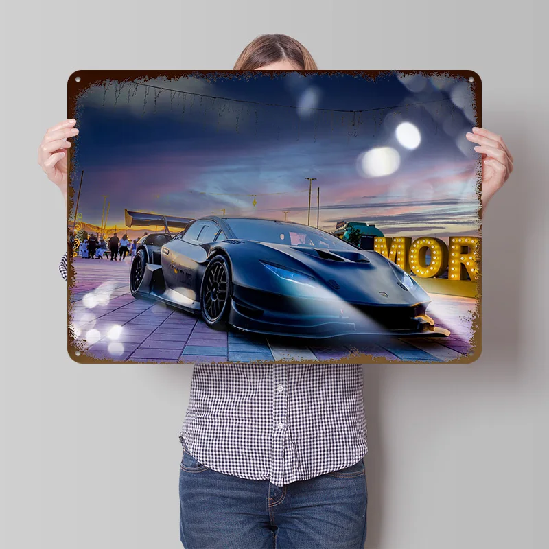 Schwarzer Sportwagen bei Dämmerung Metallposter Individualisierte Wandkunst Retro Vintage Metallschilder für Männerhöhle Gaming-Dekoration Zimmer Haus