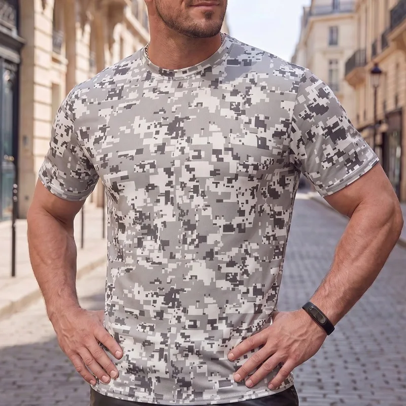 Men Digital Camo Print Short Sleeve T Shirt Crew Neck Breathable Outdoor Jogging Casual Summer Top S 4XL