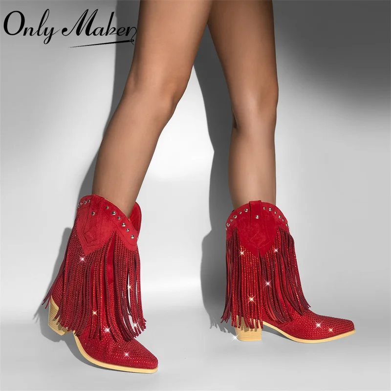 

Onlymaker Female Rhinestone Fringe Mid-Calf Cowboy Boots Bling Party Big Size Women Boots