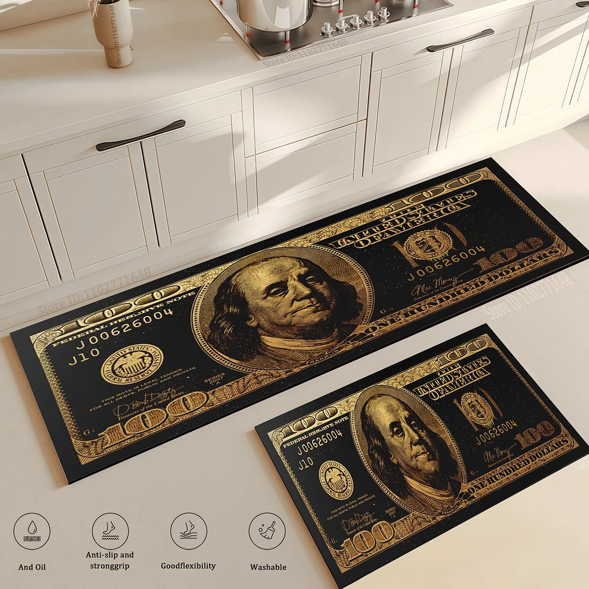Черное золото 100-долларовый купюра, денег, кухонный напольный коврик, домашний коврик для коридора, балкона, длинные коврики, прикроватный нескользящий впитывающий ковер