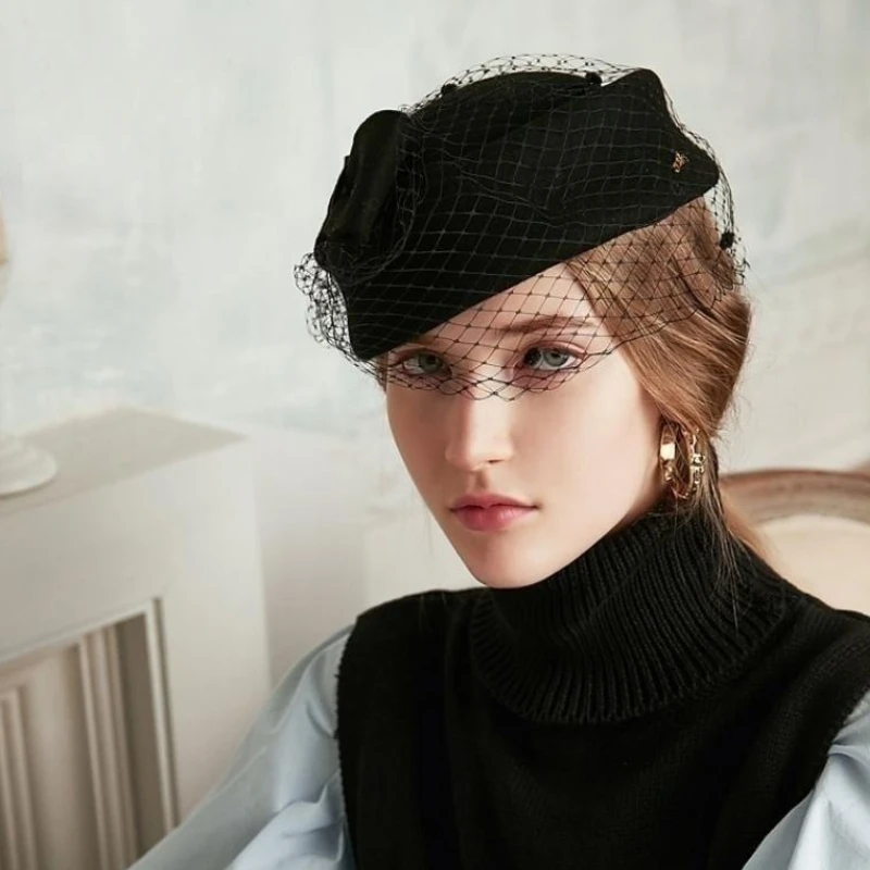 100% Wool Fashion Cashmere Top Bow Hat with Veil Photography Cocktail Tea Party Decoration Autumn Winter Hat