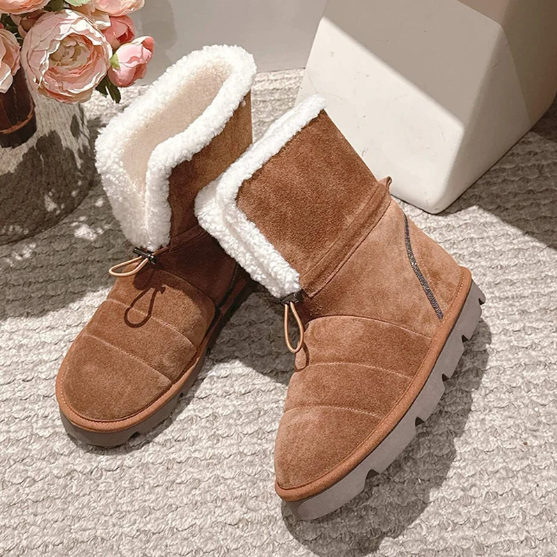Snow Boots Winter Non-slip Fur  Drawstring Thick Bottom Casual Mao Boots Women's Round Toe Real Wool Lining Warm Short Botas