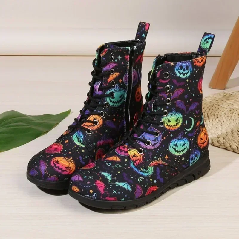 Skull Head Printed Short Boots Women\'s 2023 Autumn Winter New Halloween Personalized Trend 3D Printed Work Boots Casual Shoes