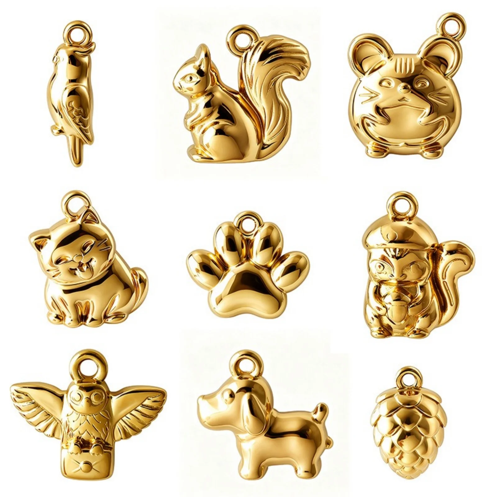 4 Pcs 304 Stainless Steel 3D Animal Charms Parrot Owl Dog Dog Paw Squirrel Cat Pinecone Pendants DIY Necklace Making Wholesale