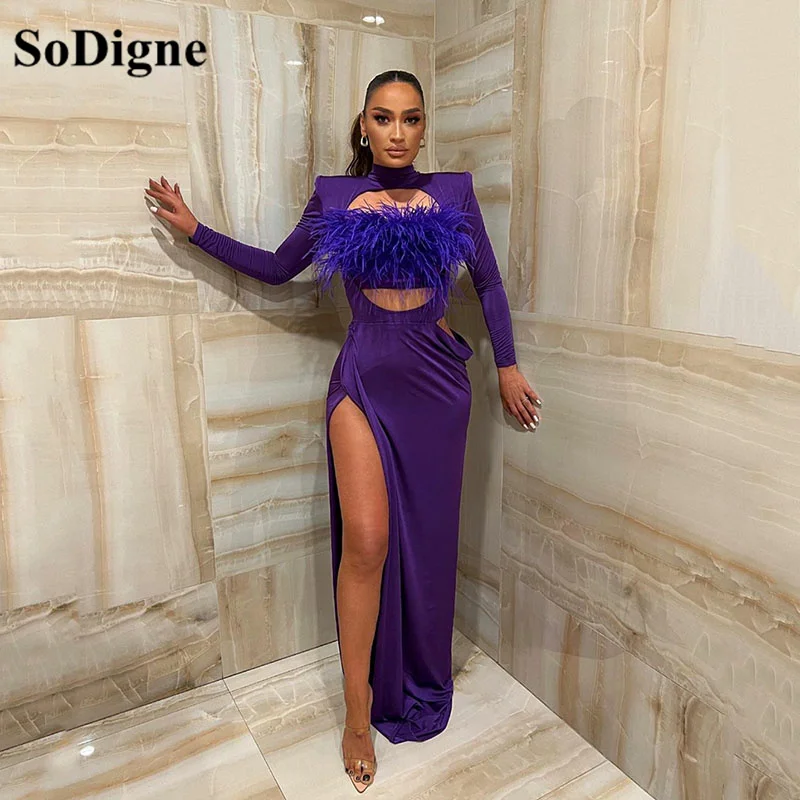 

SoDigne Feather Mermaid Evening Dresses 2022 Party Dress Sexy Side Slit High Neck Long Sleeves Prom Gowns Formal Dresses