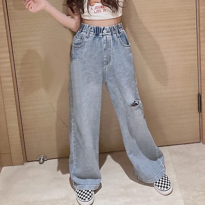 Child Vintage Ripped Jeans for Girls Fashion High Waist Spring Autumn Broken Hole Wide Leg Pants Teenage Kids Denim Trousers