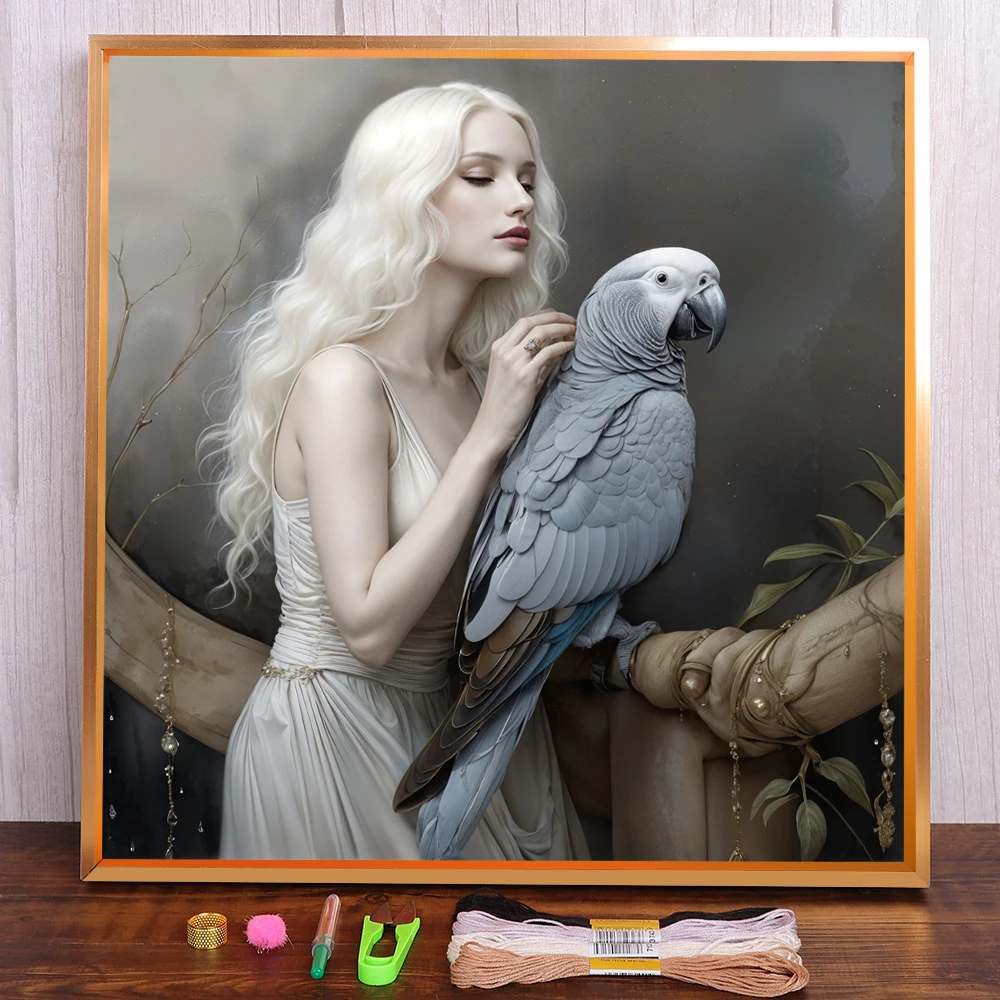 

Portrait Girl Parrot Printed Fabric 11CT Cross Stitch Embroidery Patterns Handmade Painting Handiwork Craft Needle Design Gift