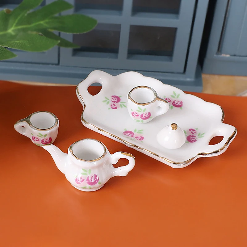 1Set 1/12 Miniature Pink Flower Patten Porcelain Coffee Tea Cups Ceramic Tableware Dollhouse Kitchen Accessories