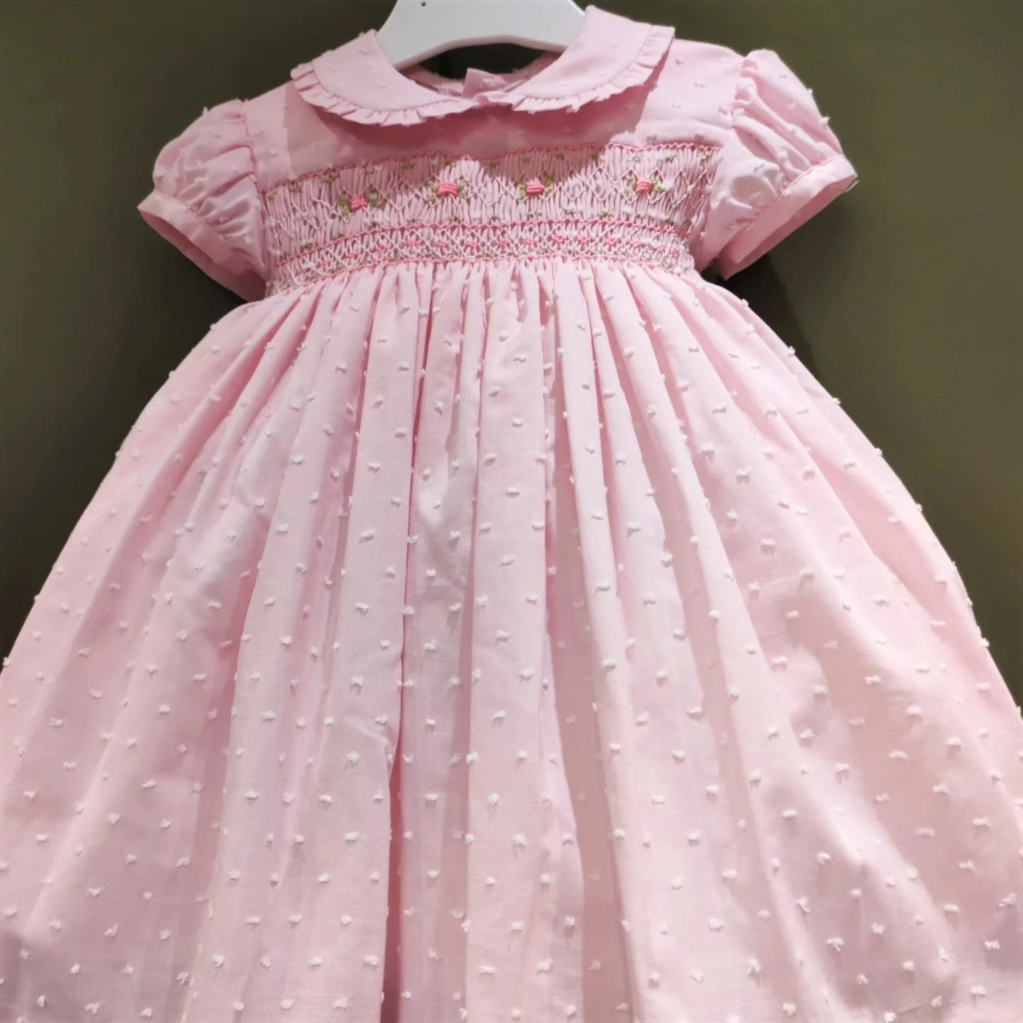 Summer Girl Sweet Handmade Embroidery Small Flower Dots Pink Smocked Dress For Casual Party Birthday Wedding Photography