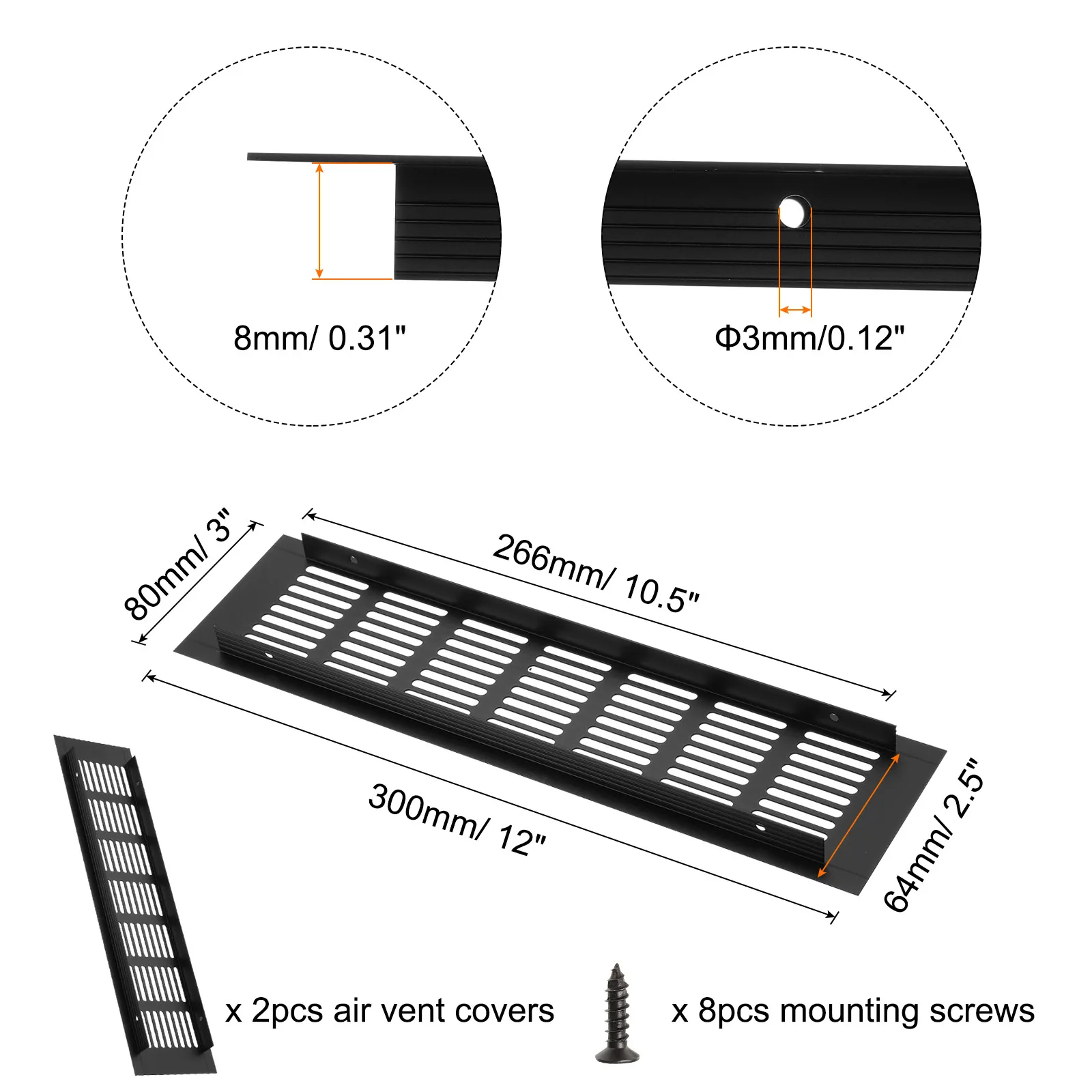 2Pcs Rectangle Ventilation Grille AluminumAlloy Mesh Air Vent Cover Louvered Ventilation Cover with Mounting Screws Black/Silver