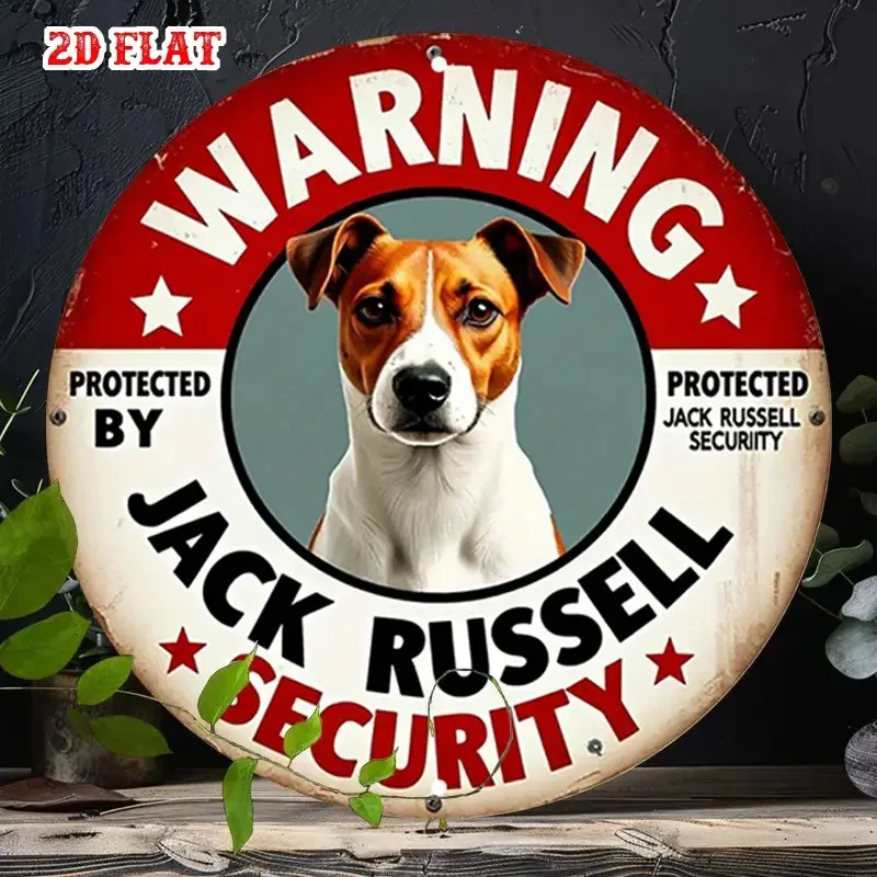 2D Flat, Round Aluminum Warning Sign 2D Flat Design Featuring a Jack Russell. Perfect for Pet Lovers This Rustic Metal Wall Art