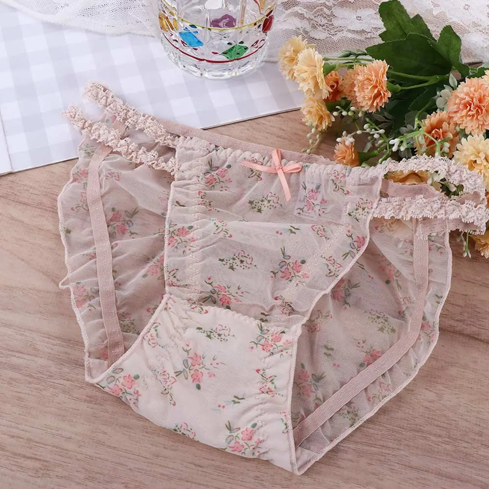 Breathable Sweet Women Transparent Froal Girls Mesh Panties Lingerie Flower Underwear Lace Briefs