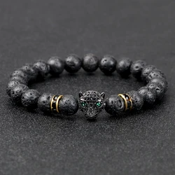 Vintage Men Leopard Head Charms Lava Beads Bracelets Natural Stone Energy Beads Yoga Prayer Bracelets For Women Couples Jewelry