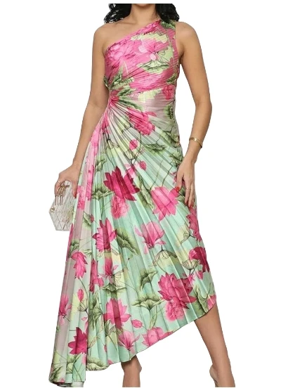 Women's simulated silk printed diagonal neck pleated dress