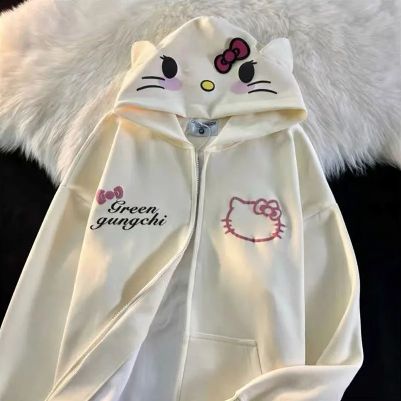 Sanrio Bonitinho Hello Kitty Cardigan Casaco para Mulher, Solto Hoodie Oversized Estudante, Gótico Zip Up Hoodie, Roupas Kawaii, Camisolas Y2K