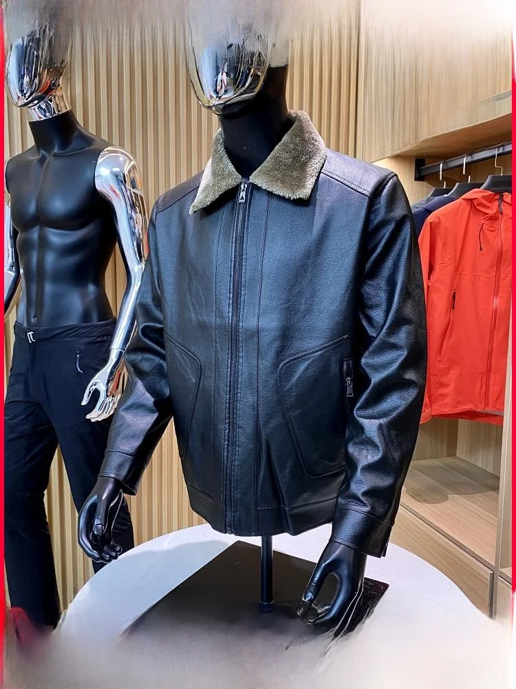 

Classic Men's Fce Lined Waed PU Leather Jaet Stand Collar Warm Outerwear Faionable Youth Sle Autumn Stand Fit