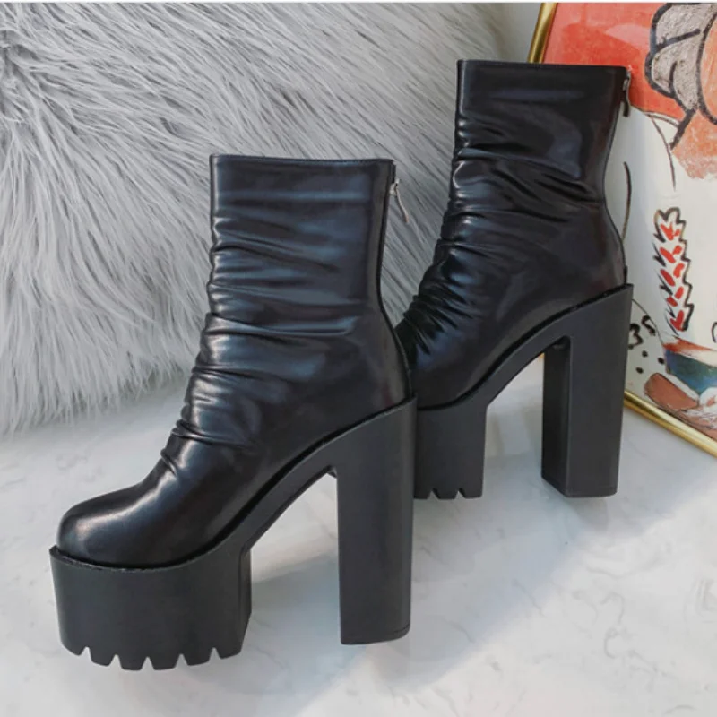 New Autumn Winter Platform Boots High Heels Back Zipper Black White Short Boots For Women Waterproof Gothic Shoes