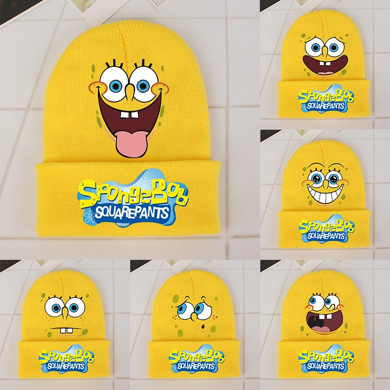 New Spongebob Children Knitted Hat Kawaii Cartoon Printed Knitted Hat Boys Girls Casuals Warm Cap Unisex Beanie Hat Kids Gifts