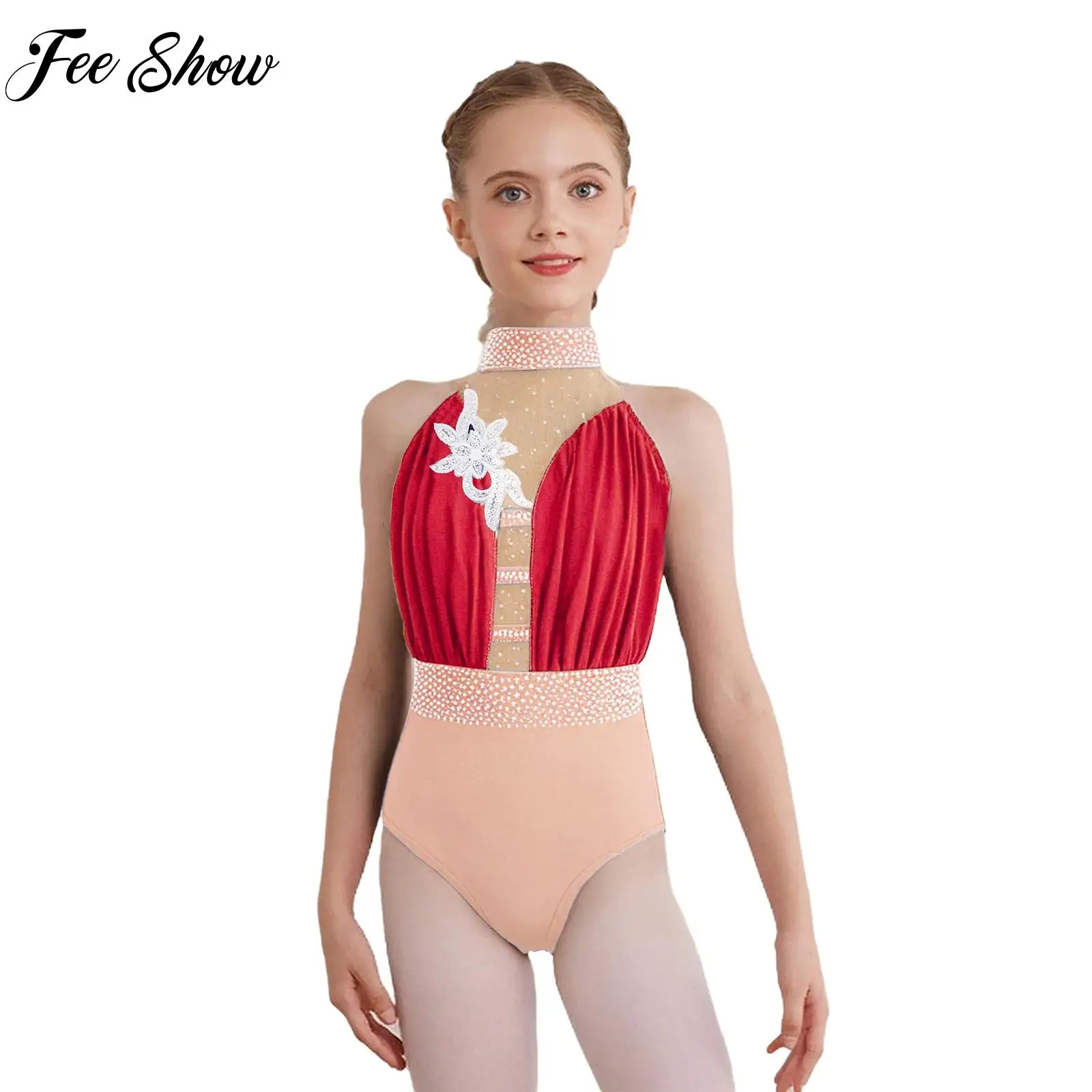 

Girls Gymnastics Leotards Ballet Dance Performance Costume Sleeveless Applique Rhinestones Bodysuit Figure Ice Skating Jumpsuit