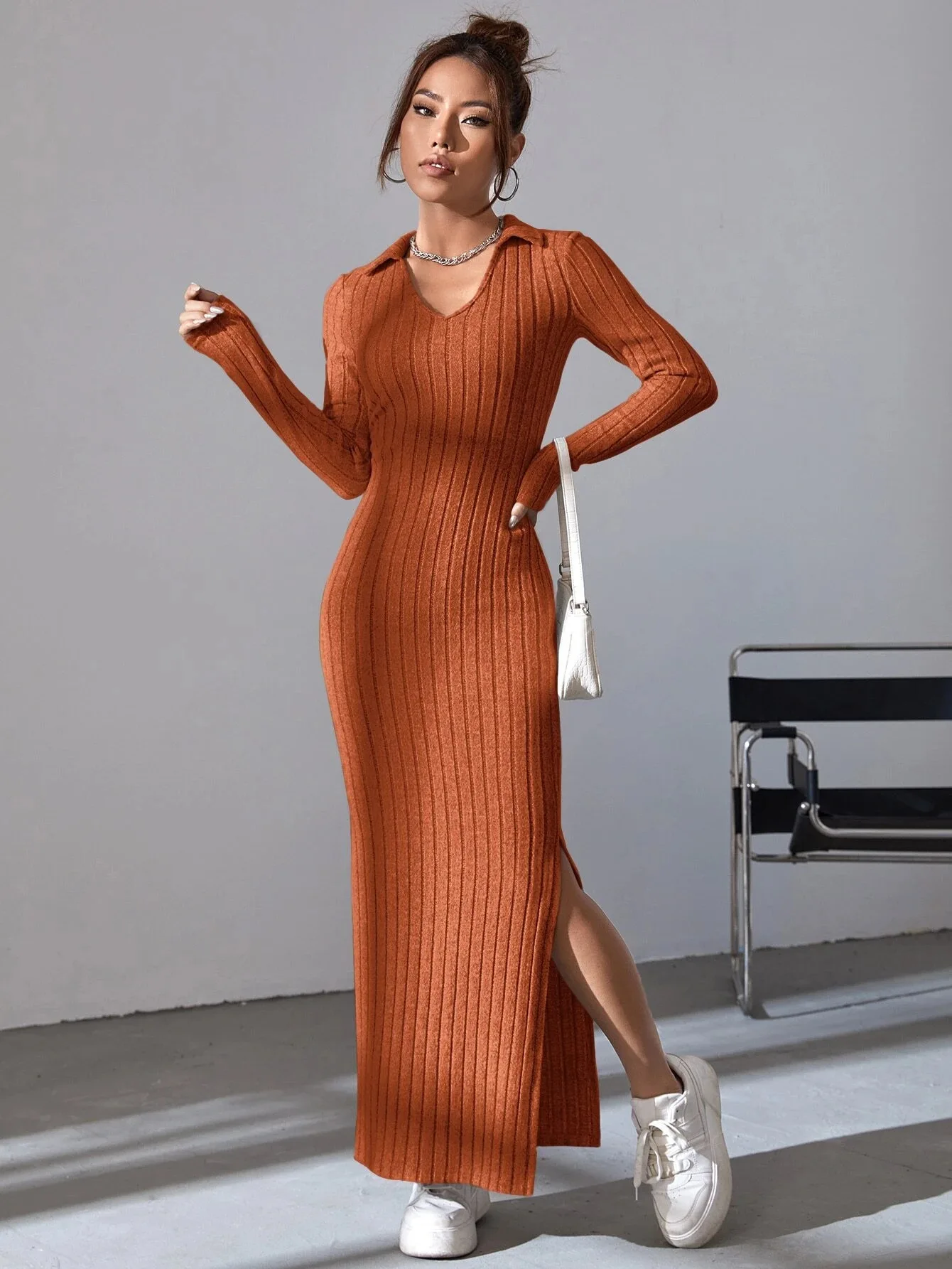 Knitted Slim Long Dresses Women Solid Color V-neck Package Hip Bodycon Slit Dress Fashion Trendy Lady Vestidos Autumn Winter New