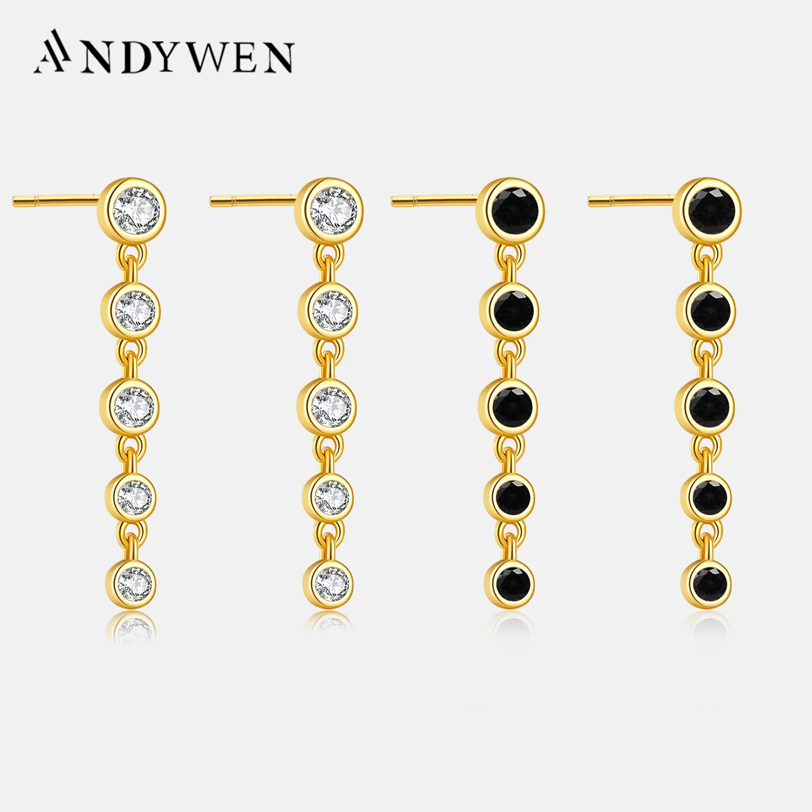 ANDYWEN 925 Sterling Silver Clear CZ Six Zircon 25mm Chain Stud Earring Wedding Gift Rock Rock Piercing Pendiente Fine Jewelry